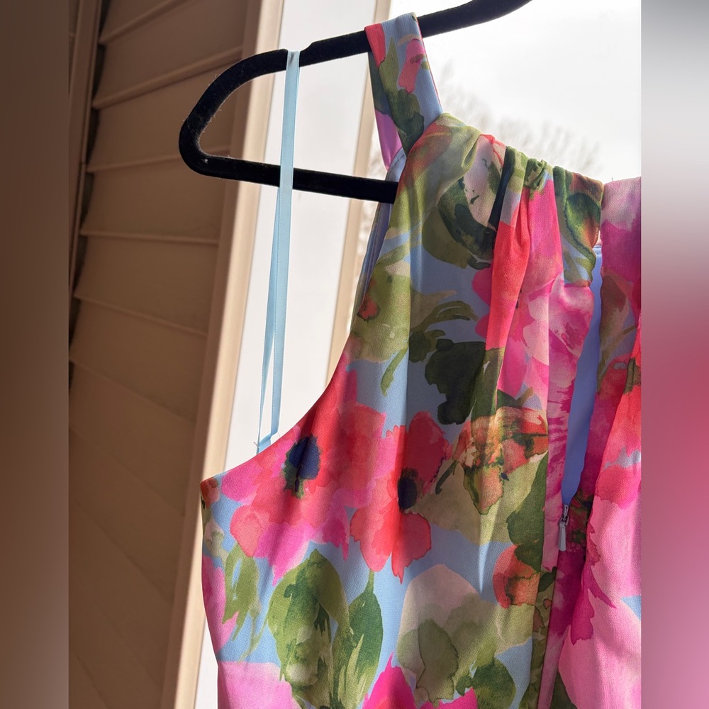 🆕 Xscape Floral Chiffon Halter Maxi Dress Size 12 Pink Blue Ruffle Formal Gown - Picture 11 of 17